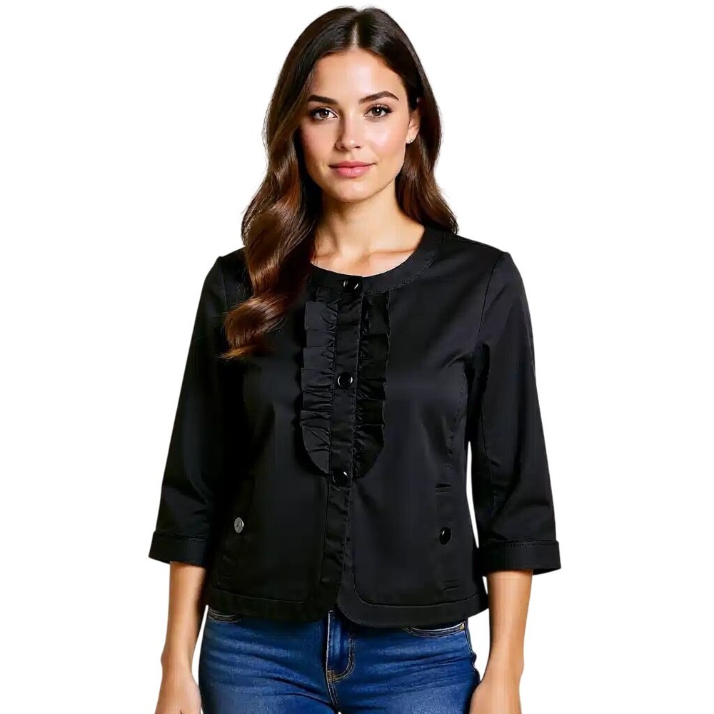 Talbots $99 Black Ruffle Front 3/4 Sleeve Collarless Jacket Blazer Size 6PET NWT